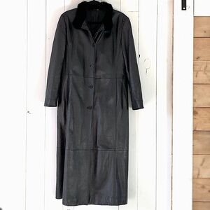 Vintage Made In Italy Vera Pelle Long Black Leather Real Fur Collar Coat Size 46